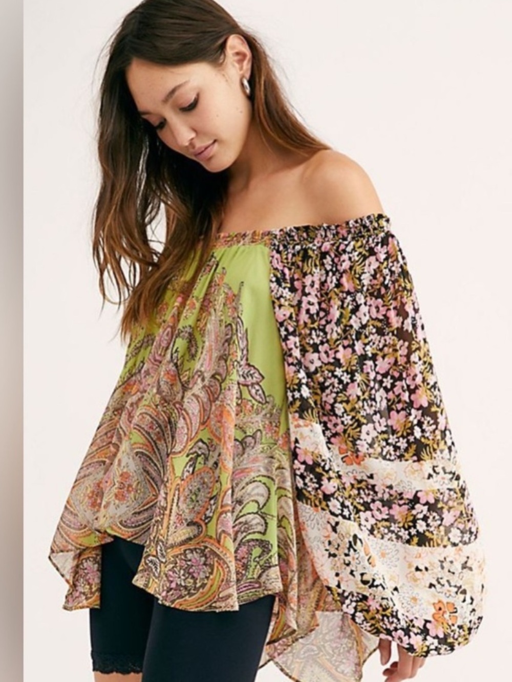 Free people roaming around floral Paisley Boho off the shoulder oversized flowy
